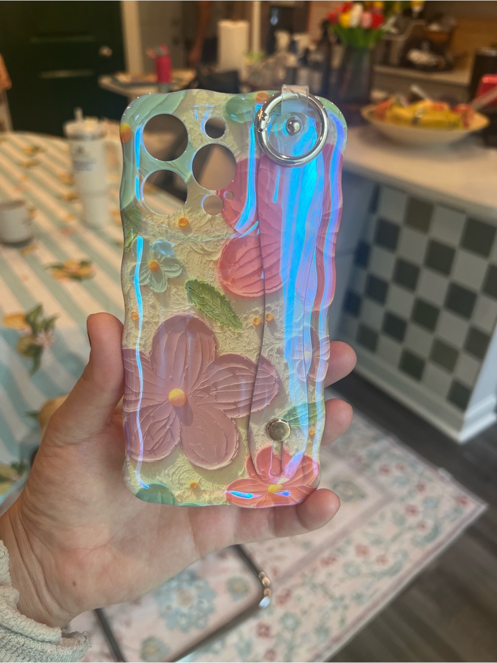 iPhone 15 Pro Holographic Pink Floral Phone Case with Ring Grip